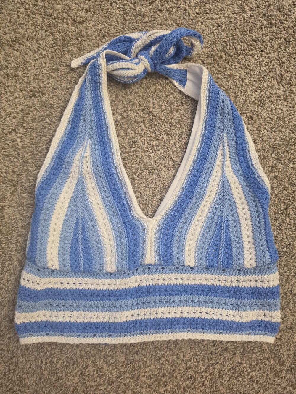 Hollister Blue and White Striped Crochet Halter Knit Top
